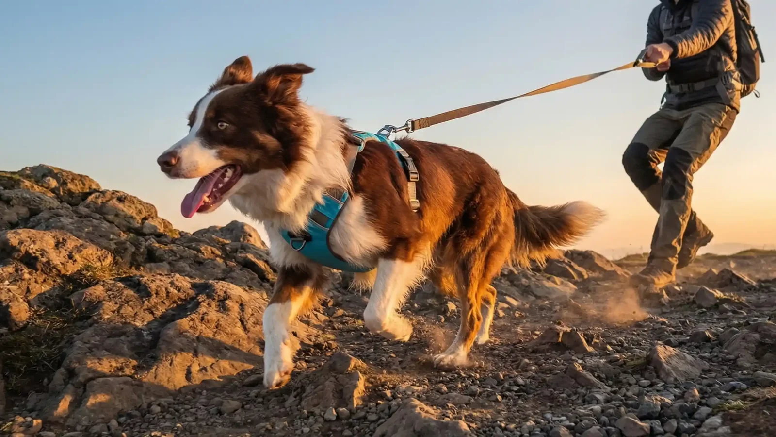 Dog hiking on a rocky trail with a handler