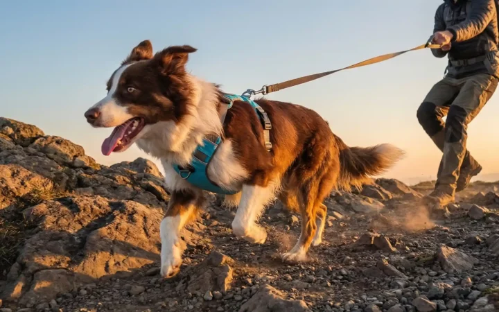Dog hiking on a rocky trail with a handler
