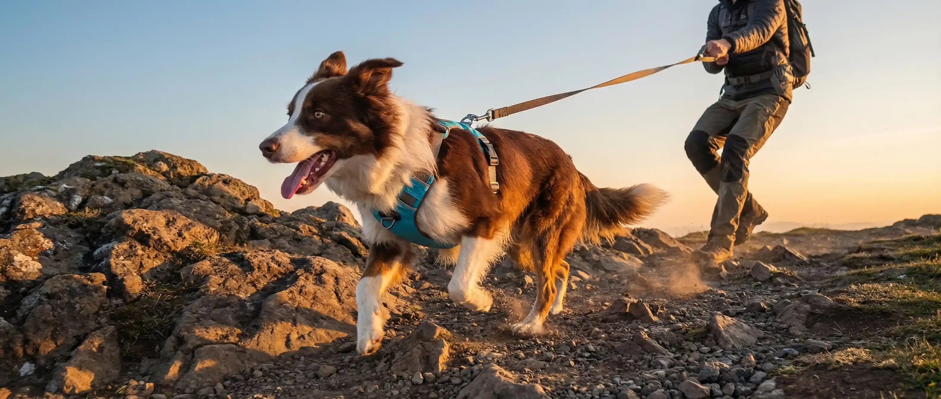 Large dog wearing an outdoor harness on a rugged trail walk