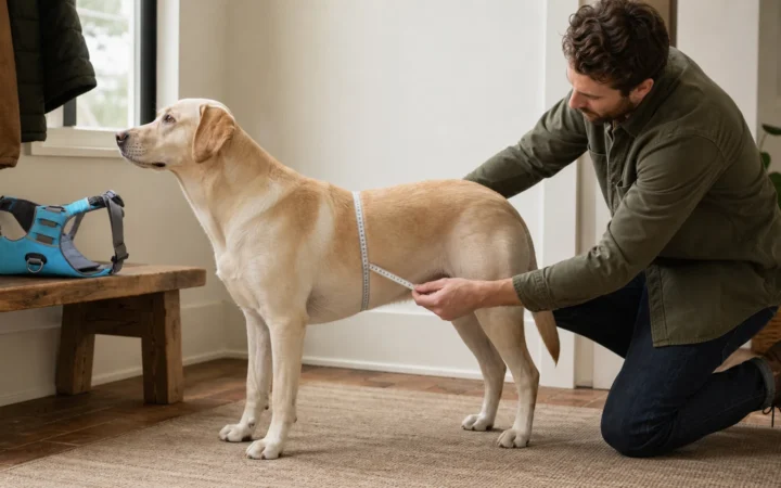 Handler measuring chest girth around the widest part of a standing dog before fitting a harness