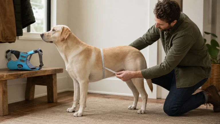 Handler measuring chest girth around the widest part of a standing dog before fitting a harness