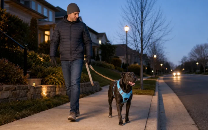 Handler walking a dark-coated dog in reflective gear on a lit sidewalk at dusk