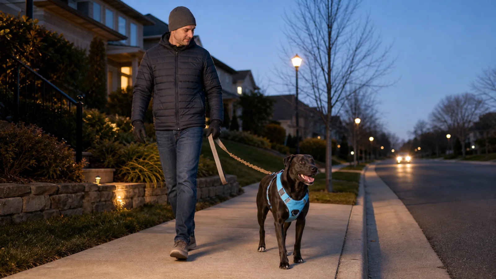 Handler walking a dark-coated dog in reflective gear on a lit sidewalk at dusk