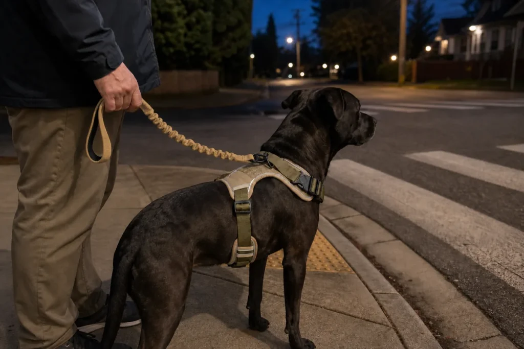 Handler shortening a dog leash while waiting behind the curb at night