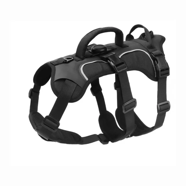 Black three-strap large dog harness on a white background