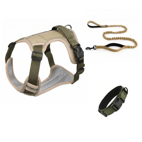Field Green tactical dog harness, dual-handle leash, and padded collar on a white background