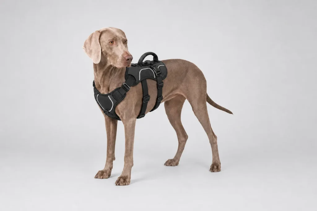 Large gray dog wearing the black three-section harness with two separate belly straps