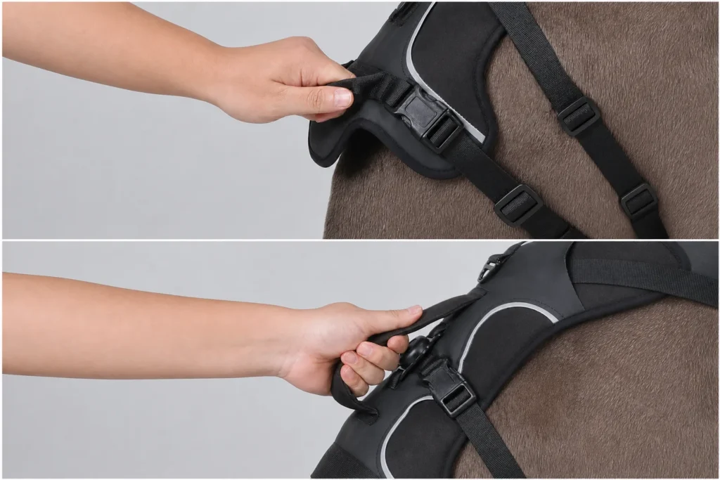 Close-up demonstrations of the padded top handle and secondary handhold on the black harness
