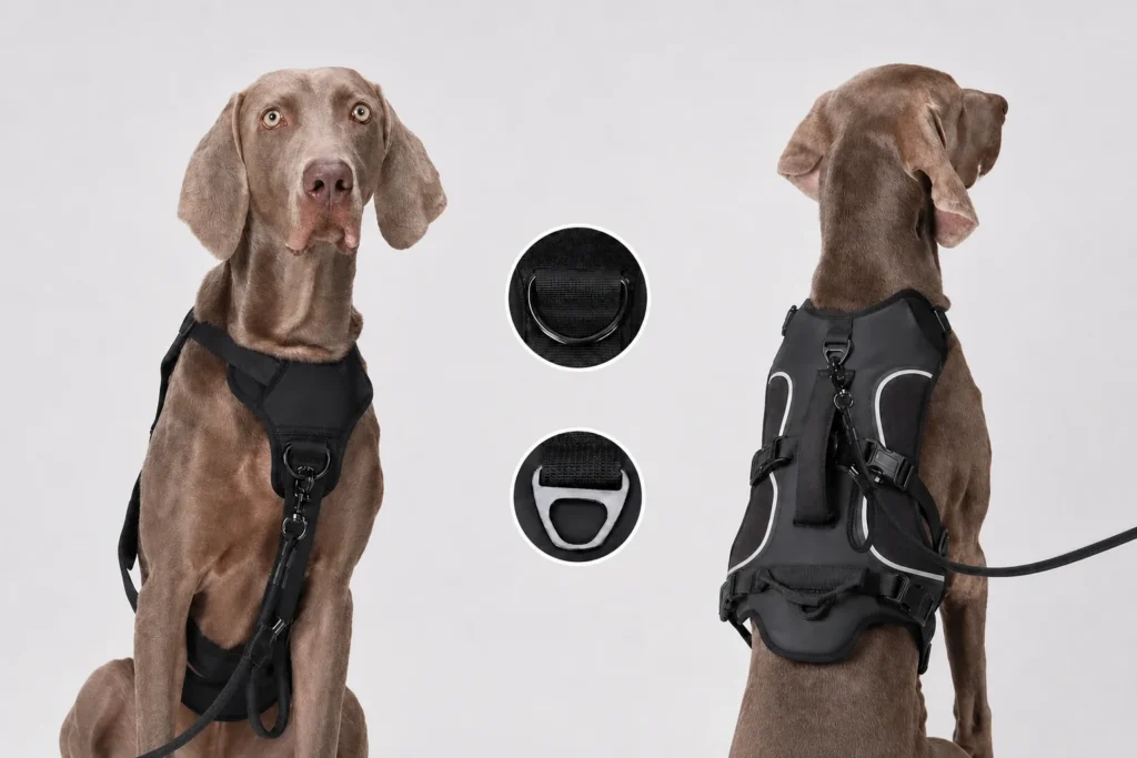 Front and rear views of the black harness with close-ups of both leash connection rings