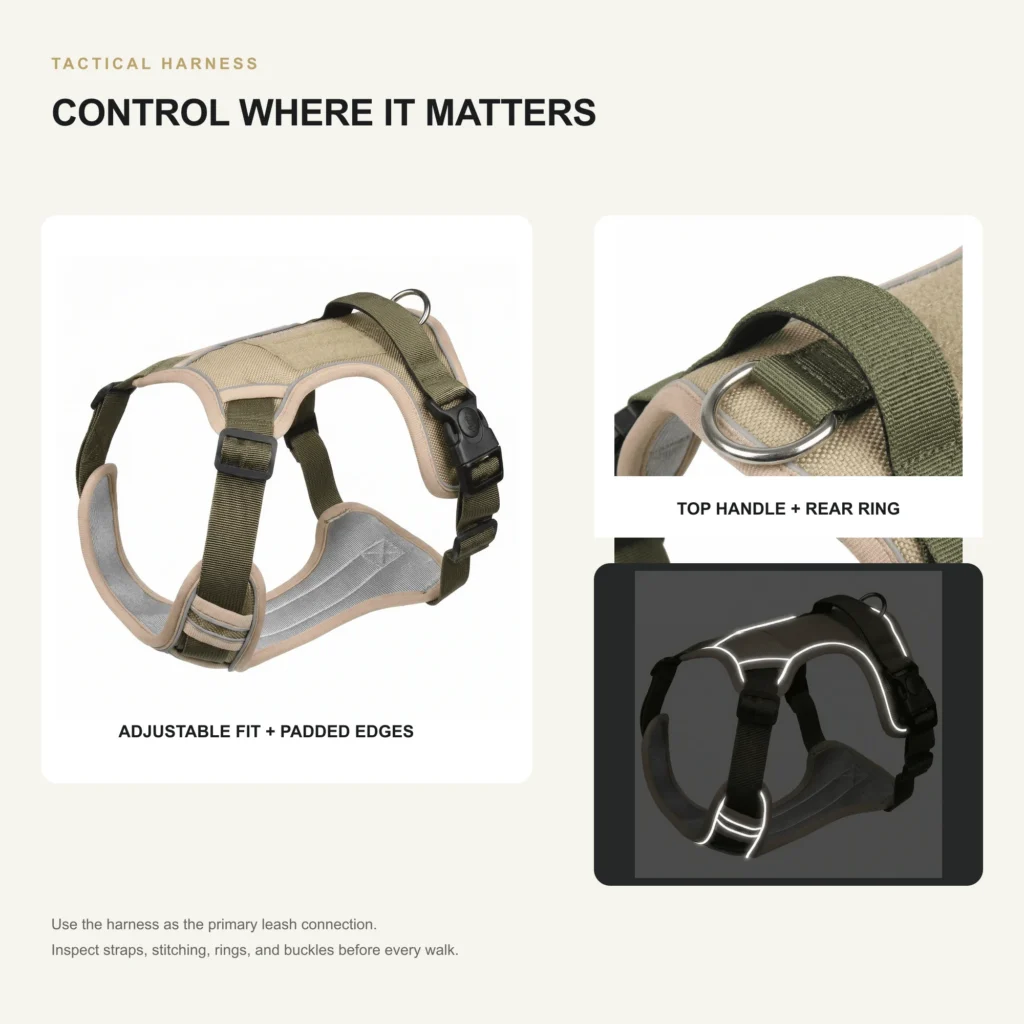 Tactical harness details showing the padded edges, top handle, rear leash ring, and reflective trim
