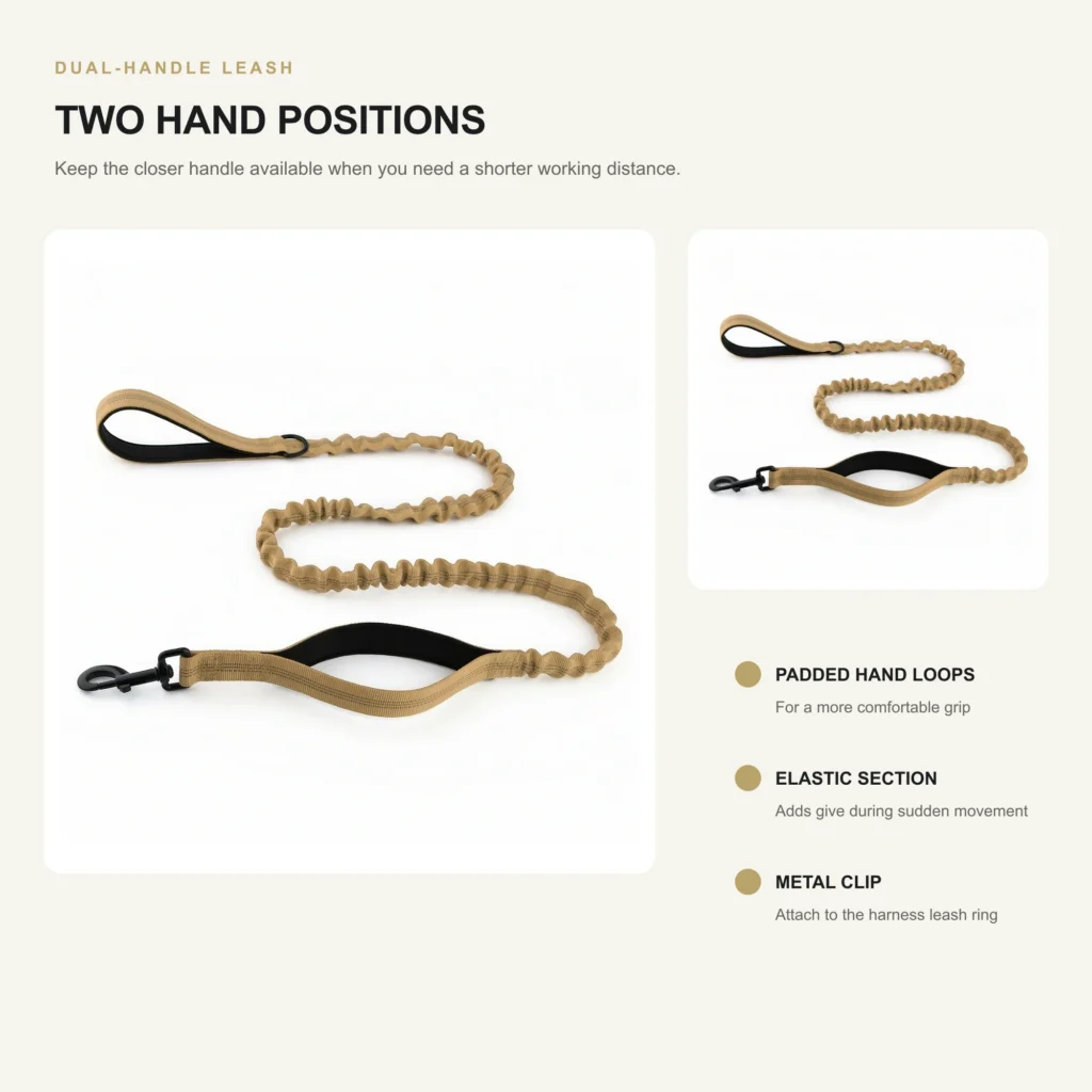 Dual-handle dog leash with padded hand loops, elastic section, and metal clip