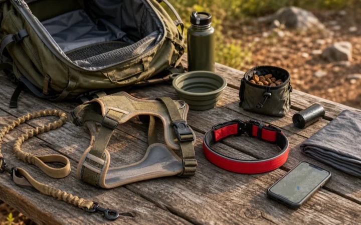 Dog hiking kit arranged at a trailhead with a harness, dual-handle leash, ID collar, water, bowl, waste bags, treats, towel, and saved route