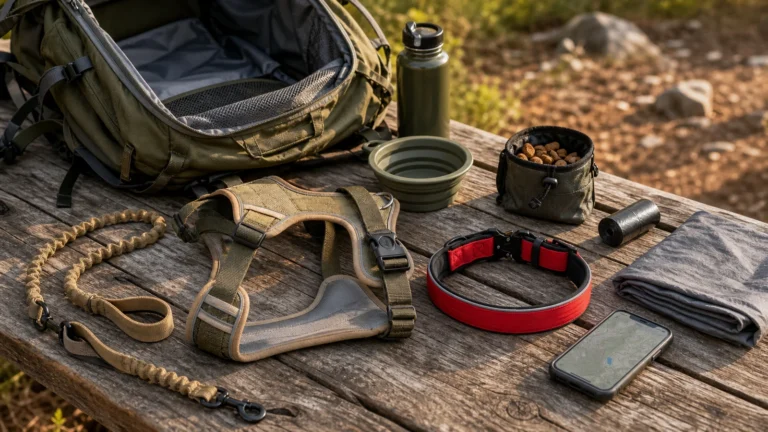 Dog hiking kit arranged at a trailhead with a harness, dual-handle leash, ID collar, water, bowl, waste bags, treats, towel, and saved route