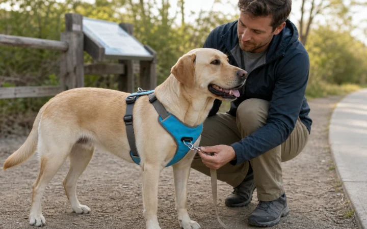 Handler connecting a leash to the front chest ring of a blue dual-clip harness while the back ring remains visible