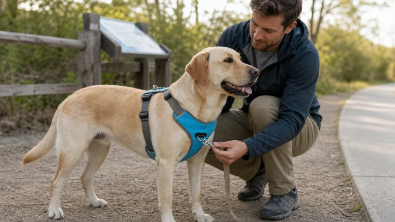 Handler connecting a leash to the front chest ring of a blue dual-clip harness while the back ring remains visible