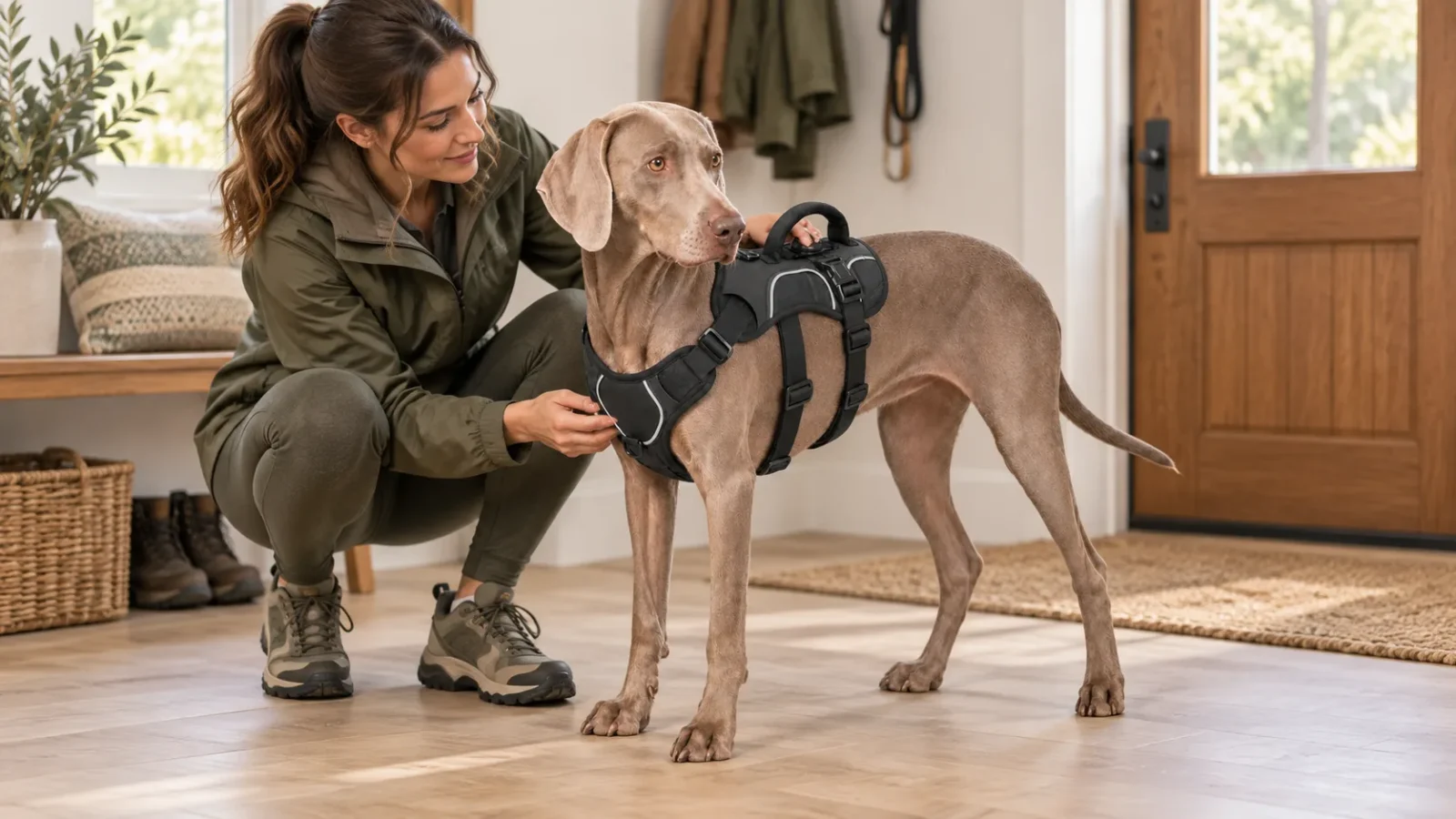 Illustrative pre-walk scene of a handler checking a black three-section harness on a calm gray dog
