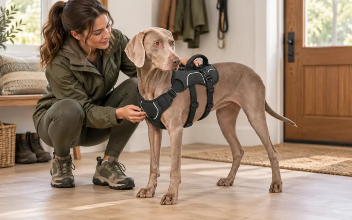 Illustrative pre-walk scene of a handler checking a black three-section harness on a calm gray dog
